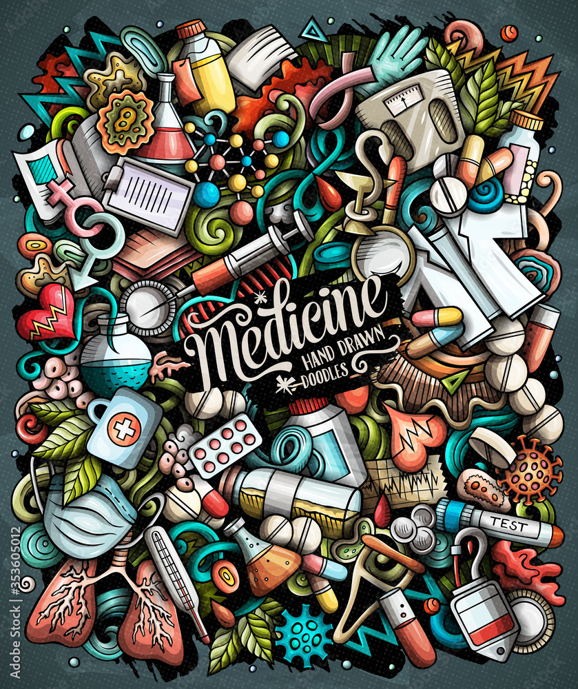 Obraz premium Medicine hand drawn vector doodles illustration. Medical poster design.