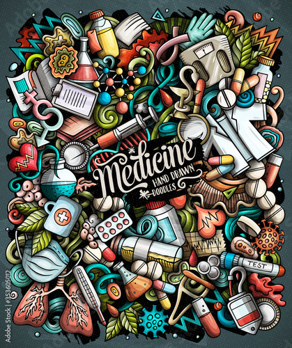 Medicine hand drawn vector doodles illustration. Medical poster design.
