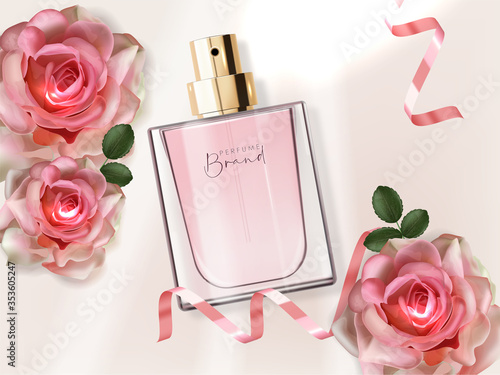 Realistic perfume bottle and rose, isolated container 3d, elegant design, packaging mockup, floral liquid aroma, pink banner, new product vector illustration