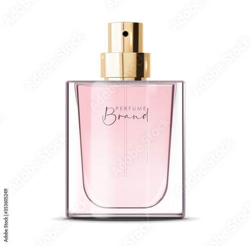 Realistic perfume bottle, isolated container 3d, elegant design, packaging mockup, floral liquid aroma, vector illustration