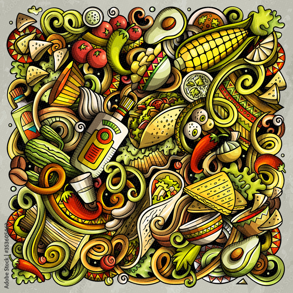Obraz premium Mexican food hand drawn vector doodles illustration. Cuisine poster design.