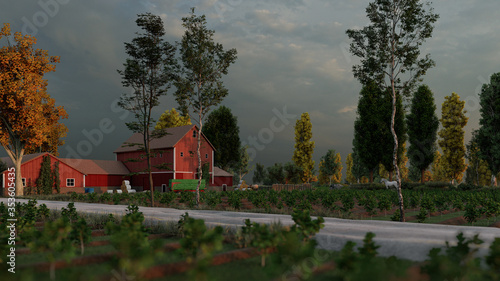Farmhouse and the Farmland Under a Heavily Clouded Sky 3D Rendering