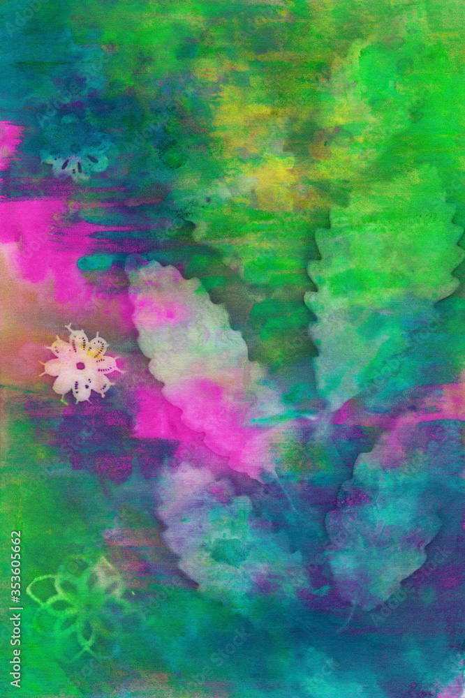 Abstract hand painted blue green pink fabric background with leaves and flowers