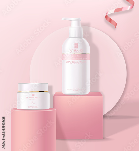 Realistic cosmetics skin care  geometric forms  cleanser and hydration cream  white bottle packaging mockup 3d  floral liquid  pink design  rose background  face treatment vector illustration