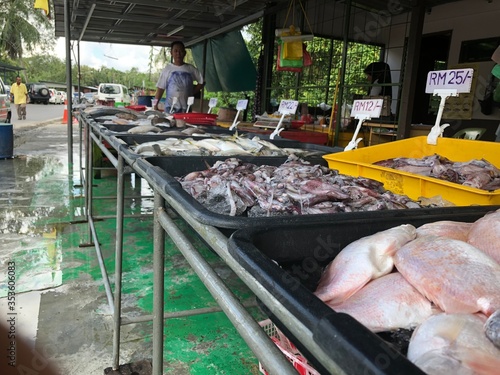 Small local fish market selling fresh fish next to the dusty street under questionable hygienic conditions in Borneo. In Taman Mesra Bako, Sarawak/Malaysia.