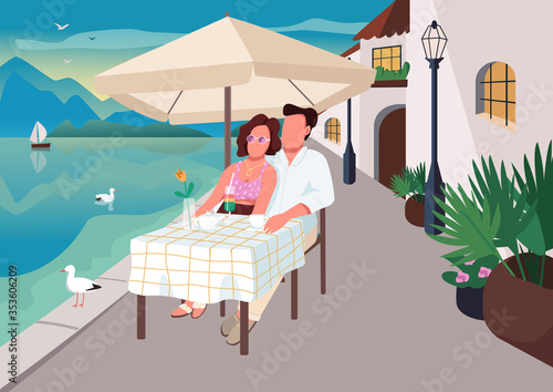 Couple having breakfast in seaside resort cafe flat color vector illustration. Wife and husband in restaurant. Man and woman drinking cocktails 2D cartoon characters with seascape on background