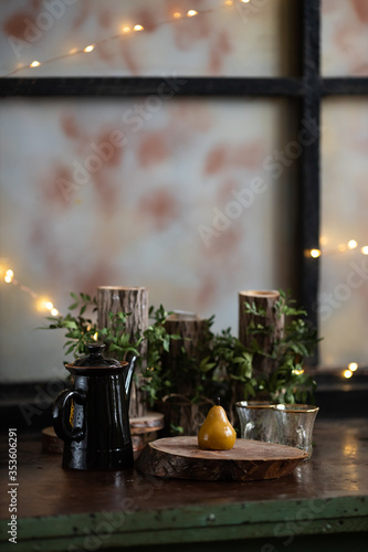 cake in the form of a pear on a wooden stump cut