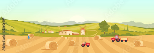 Farmland flat color vector illustration. Village 2D cartoon landscape with green hills on background. Harvesting season. Farmers collecting ripe crops. Italian farm with windmills and tractors