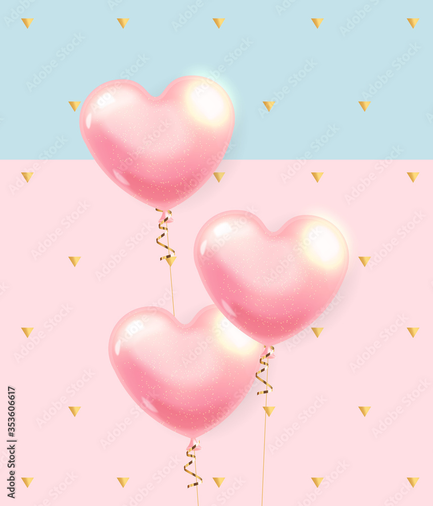 Realistic balloons and gold confetti, blue and pink background, love decoration, valentines day, romantic card vector, party card, happy birthday