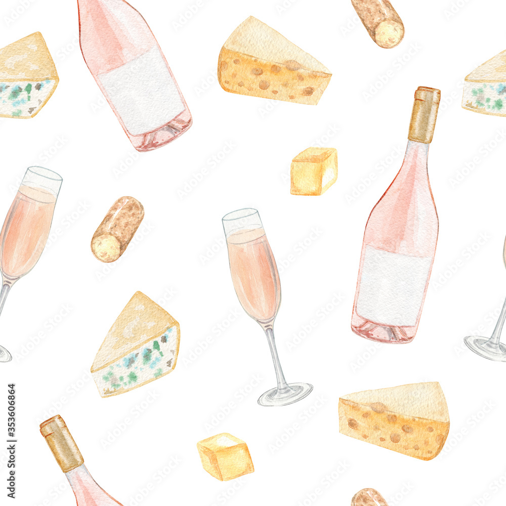 watercolor rose wine and cheese seamless pattern on white background.  Italian food print for fabric, textile, cafe menu, wallpaper Stock  Illustration | Adobe Stock