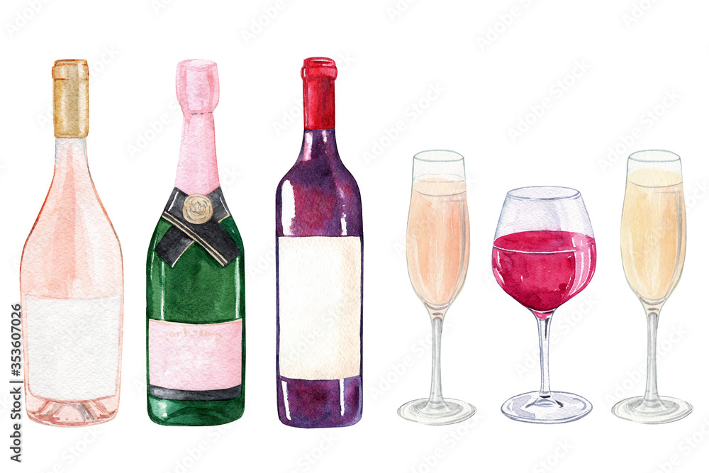 watercolor wine bottles and glasses set isolated on white background