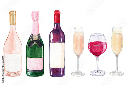 watercolor wine bottles and glasses set isolated on white background for winery, cafe menu, restaurant posters and logo design