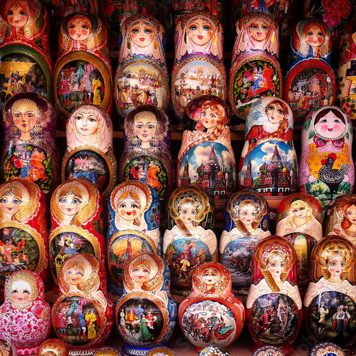 Rows of traditional russian matreshka nesting dolls