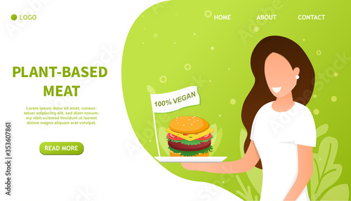 Girl holding a Fake Meat Burger. Artificial Cultured meat Concept. Lab grown burger. Plant based beyond meat hamburger. Perfect for landing page, web design, banner. Easy to edit and customize Vector