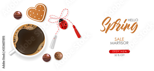 Hello spring, 1 march, 8 march, realistic martisor with national costume, spring symbol, red and white march banner, season decoration, realistic coffee and snowdrop vector illustration