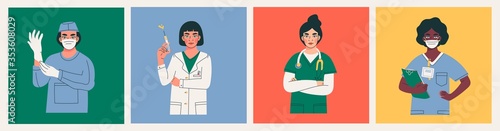 Set of four female Doctors standing with clipboard, stethoscope, syringe, rubber gloves. Health Care concept. Hand drawn trendy Vector illustrations. Every card is isolated