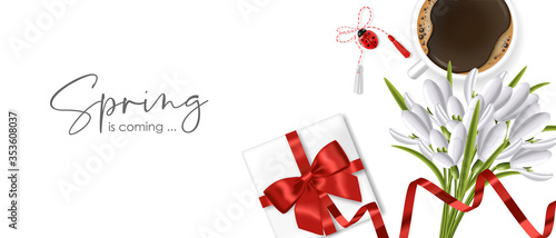 Hello spring, 1 march, 8 march, realistic martisor with national costume, spring symbol, red and white march banner, season decoration, realistic coffee and snowdrop vector illustration