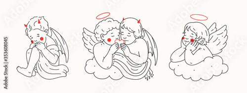 Newborn little Babies. Cards with Angels, Cupid and Demon. Wings, horns and halo. Tattoo idea. Hand drawn Vector illustrations. Outline, coloring page concept. Every illustration is isolated