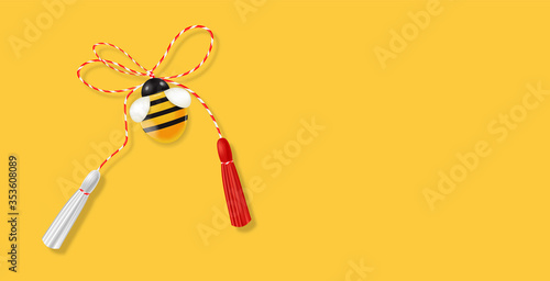 Hello spring, 1 march, 8 march, realistic martisor with bee, spring symbol red and white, yellow march banner, season decoration vector illustration