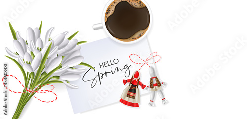 Hello spring, 1 march, 8 march, realistic martisor with national costume, spring symbol, red and white march banner, season decoration, realistic coffee and snowdrop vector illustration