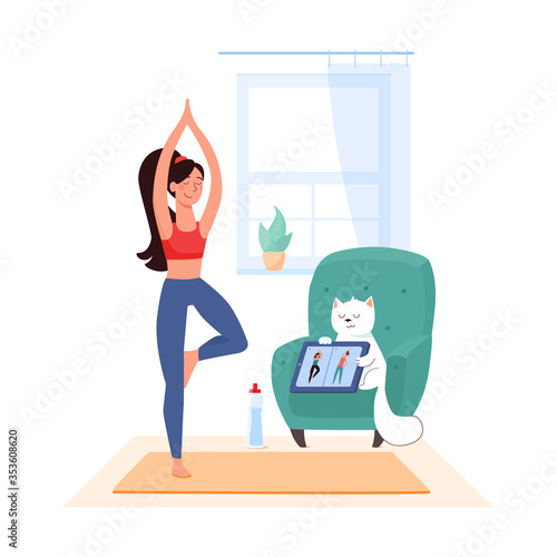 Workouts online, yoga, vrksasana vector. The girl goes in for sports at home through video calling on a tablet. The white cat holds gadget, at armchair. A woman makes assanas in a stream. isolated