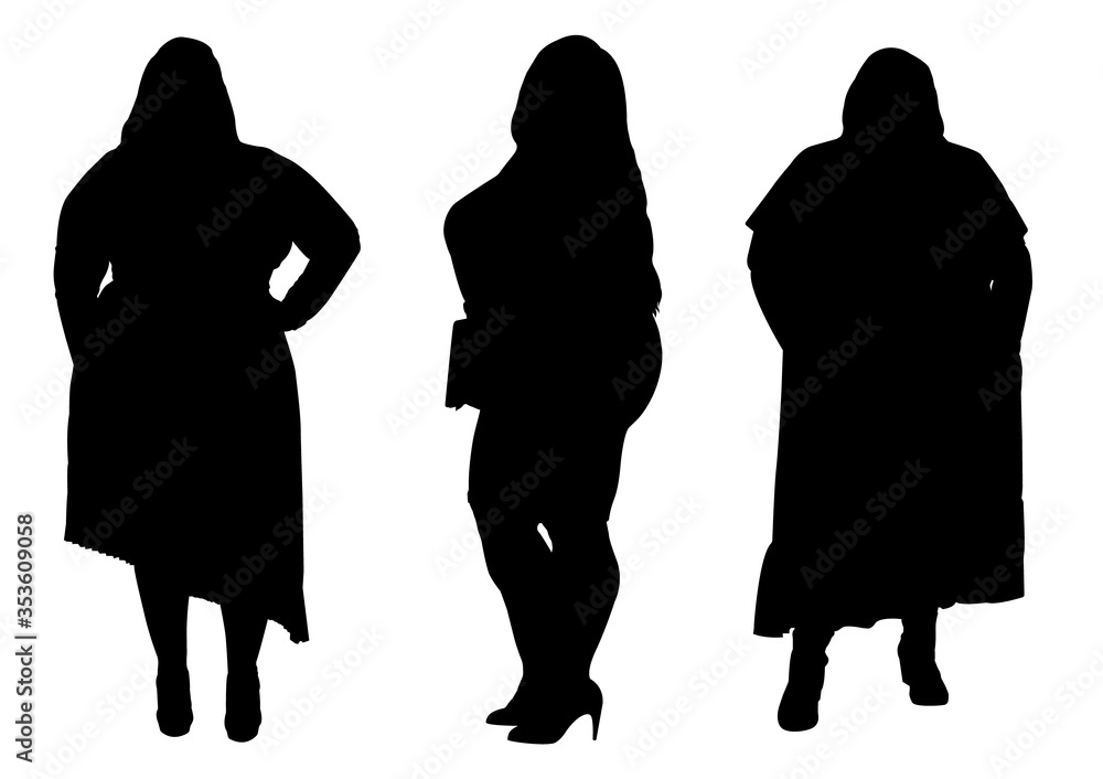 Set of silhouettes of obese women. Dumplings, women XXL size. Beautiful  curvy women. Overweight ladies. Fat females. Vector illustration. Stock  Vector