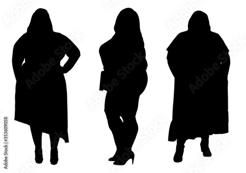 Set of silhouettes of obese women. Dumplings, women XXL size.
Beautiful curvy women. Overweight ladies. Fat females.
Vector illustration.