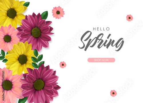 Hello spring, realistic colored flowers, weeding card, spring invitation, sale shop banner, elegant background, vector illustration