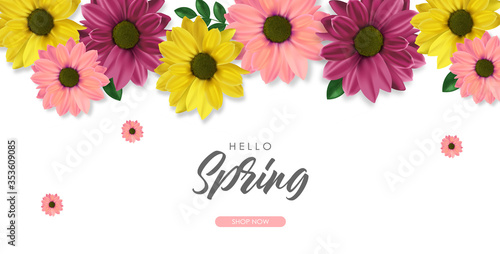 Hello spring, realistic colored flowers, weeding card, spring invitation, sale shop banner, elegant background, vector illustration