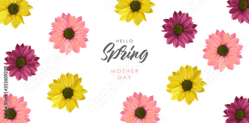 Hello spring, realistic colored flowers, weeding card, spring invitation, sale shop banner, elegant background, vector illustration