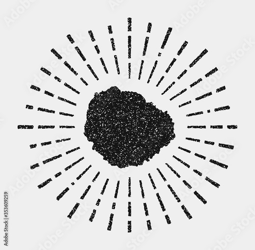 Vintage map of La Gomera. Grunge sunburst around the island. Black La Gomera shape with sun rays on white background. Vector illustration.