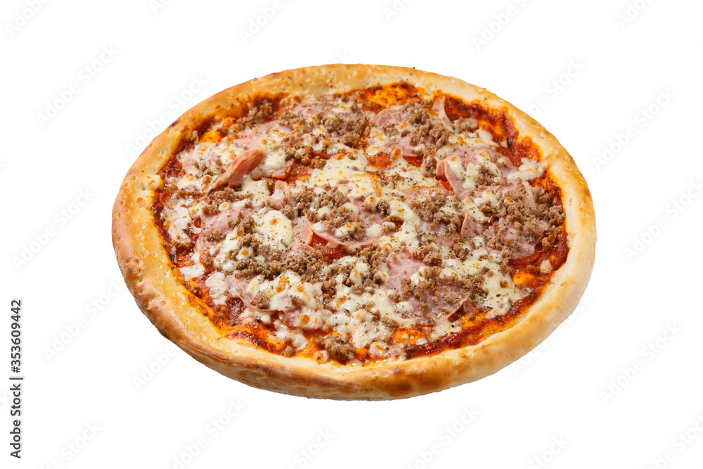 Delicious hot italian Pizza with pepperoni, brisket, ham, beef, oregano and cheese mozzarella Delicious hot italian Pizza with pepperoni, brisket, ham, beef, oregano and cheese mozzarella