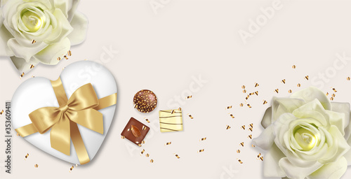 Hello spring, mother day, 8 march, realistic rose flowers, gift, chocolate, weeding card, spring invitation, sale shop banner, elegant background, vector illustration