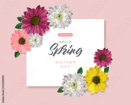 Hello spring, mother day, 8 march, realistic colored flowers, weeding card, spring invitation, sale shop banner, elegant background, vector illustration