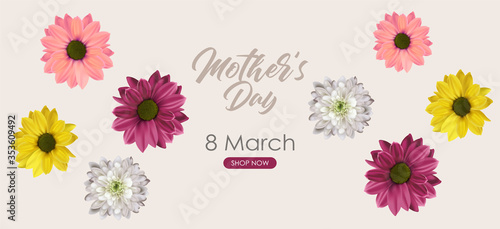 Hello spring, mother day, 8 march, realistic colored flowers, weeding card, spring invitation, sale shop banner, elegant background, vector illustration