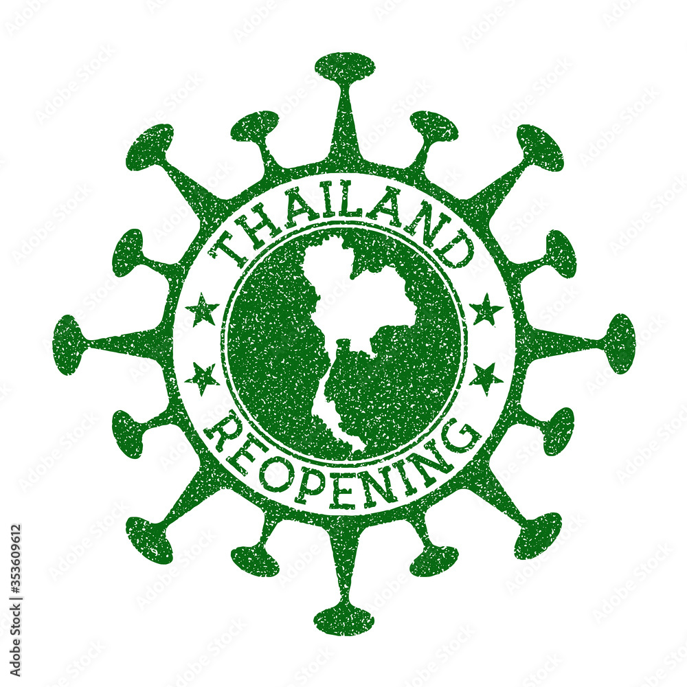 Thailand Reopening Stamp. Green round badge of country with map of Thailand. Country opening after lockdown. Vector illustration.