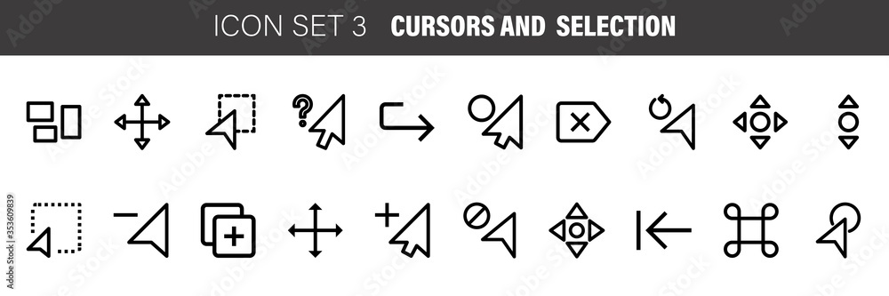 CURSORS AND SELECTION ICON SET. Outline set icons for web design isolated on white background CURSORS AND SELECTION ICON SET. Outline set icons for web design isolated on white background
