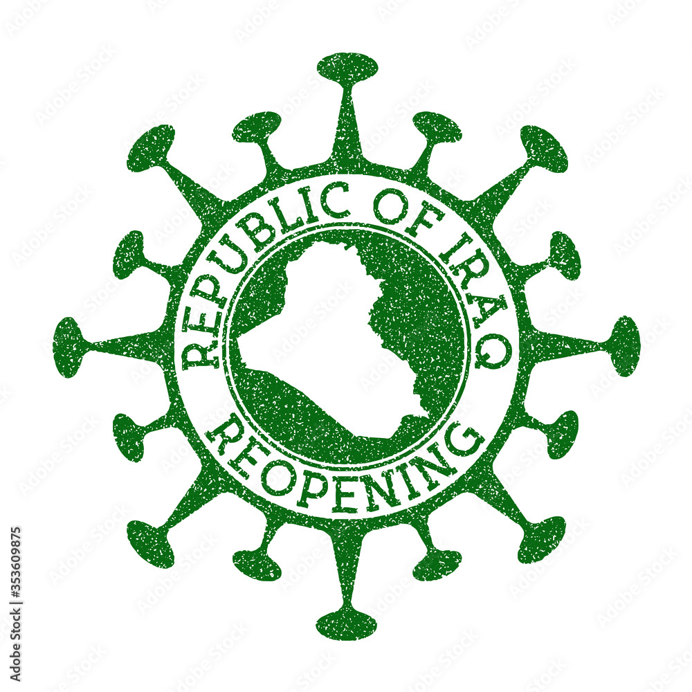 Republic of Iraq Reopening Stamp. Green round badge of country with map of Republic of Iraq. Country opening after lockdown. Vector illustration.