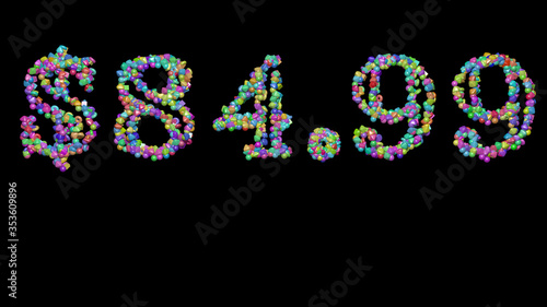 $84. written in 3D illustration by colorful small objects casting shadow on a black background