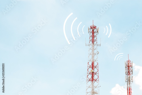 Red signal phone antenna tower and blue sky with white line curve signal with copy space.