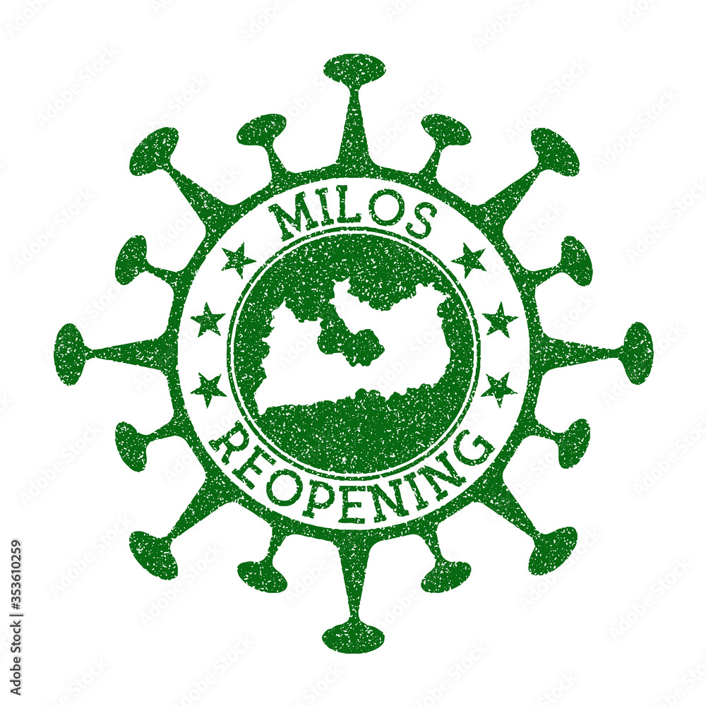 Milos Reopening Stamp. Green round badge of island with map of Milos. Island opening after lockdown. Vector illustration.