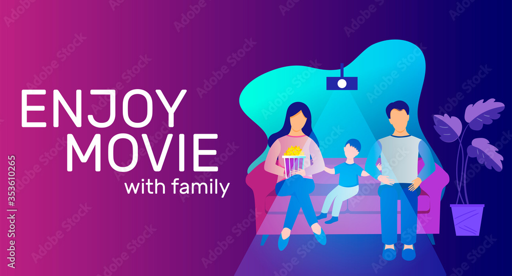 Enjoy movie with family. Home cinema banner template. A family with a child is sitting on the sofa while watching a movie. Enjoy movie with family. Home cinema banner template. A family with a child is sitting on the sofa while watching a movie.