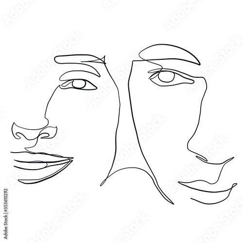 Linear lovers. Man and woman faces in minimal style. One continuous line drawing two human. Logo couple in love. Silhouette male and female. Vector design for Valentines day, wedding invitations.