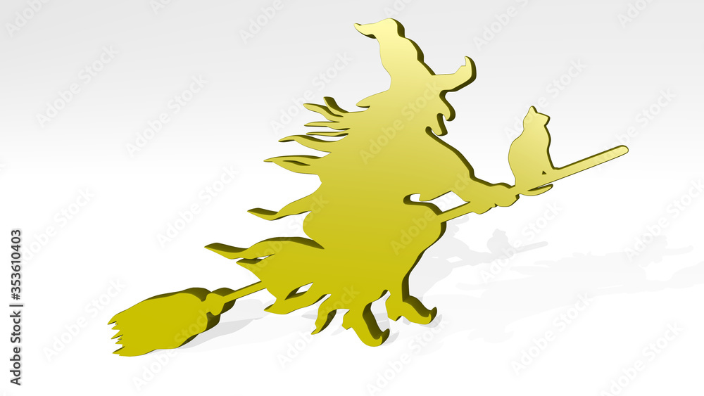 wizard flying with broom on the wall. 3D illustration of metallic ...