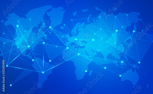 Internet Connection and world map Background With Neon Effect. Low Poly, Dot, Circle, Line, Light. Digital Science Technology Concept. Digital Technology Backdrop. Vector Illustration