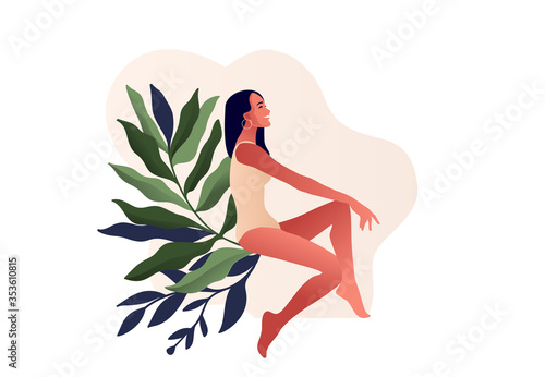 Beautiful woman in swimming suit. Body positive, illustration for lingerie design, swimsuit shop, cosmetology, clinic. Urinary incontinence. Bladder problems. Menopause, women's health. 