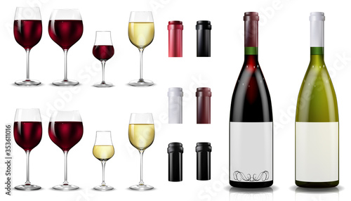 Red and white wine bottles and glasses. Realistic mockup