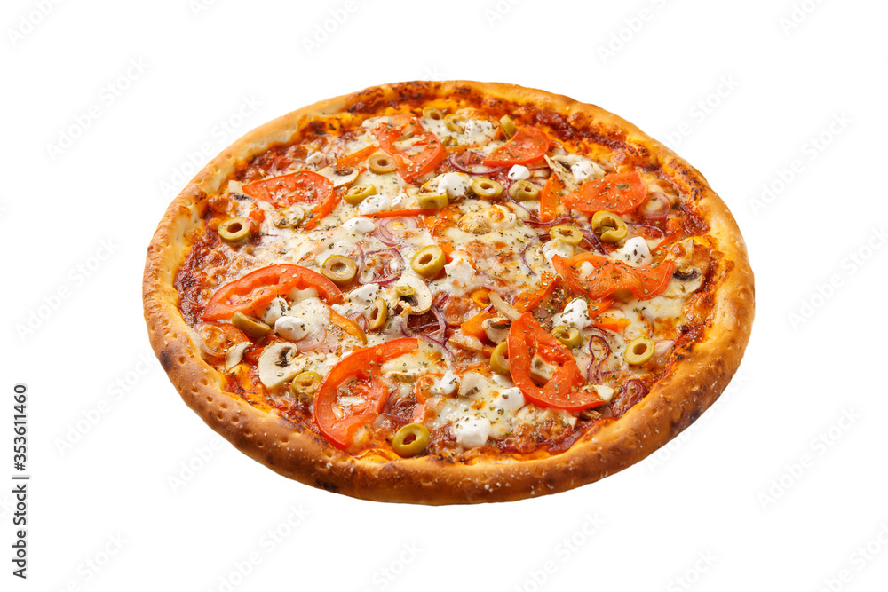 Delicious hot italian Pizza with tomato, bell pepper, mushrooms, olives, feta, red onion, oregano and cheese mozzarella