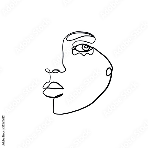 Female head silhouette drawn in one continuous line. Linear glamour logo in minimal design for hair stylist, makeup artist, beauty salon and cosmetology.