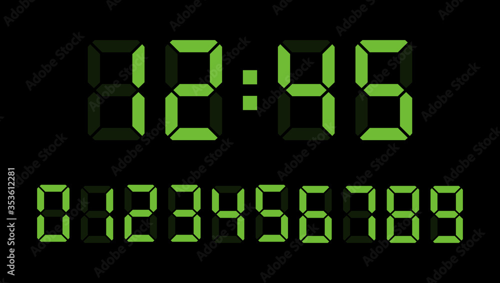 Digital clock number set. Led digit set. Electronic figures. Vector illustration. Digital clock number set. Led digit set. Electronic figures. Vector illustration.